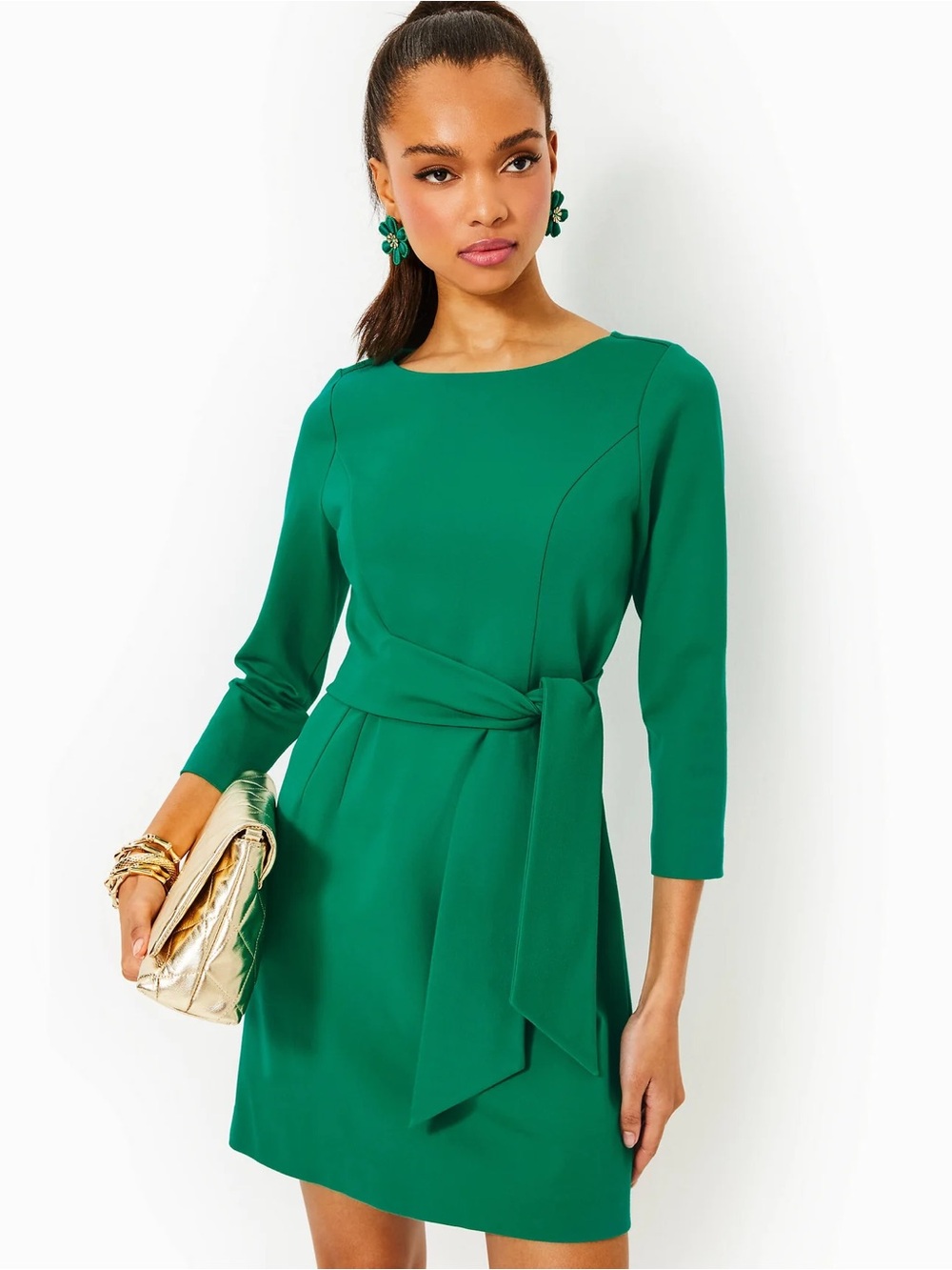 Lilly Pulitzer Leighton 3/4 Sleeve Dress Belted Women’s 12 Fiddle Leaf Green